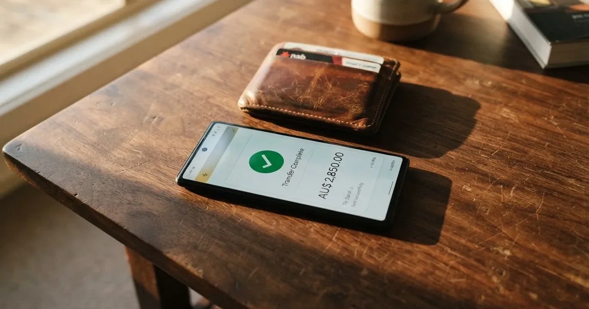 A phone screen showing a bank transfer confirmation, held next to a wallet on a table.