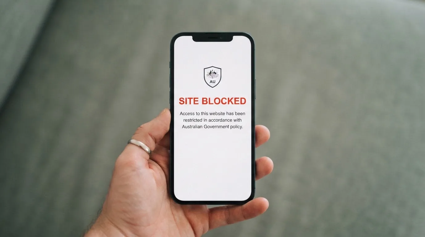 A smartphone screen showing a plain government warning notice about a blocked website, held against a blurred background.