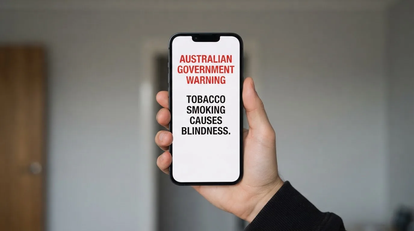 A smartphone screen showing a plain government warning notice about a blocked website, held against a blurred background.