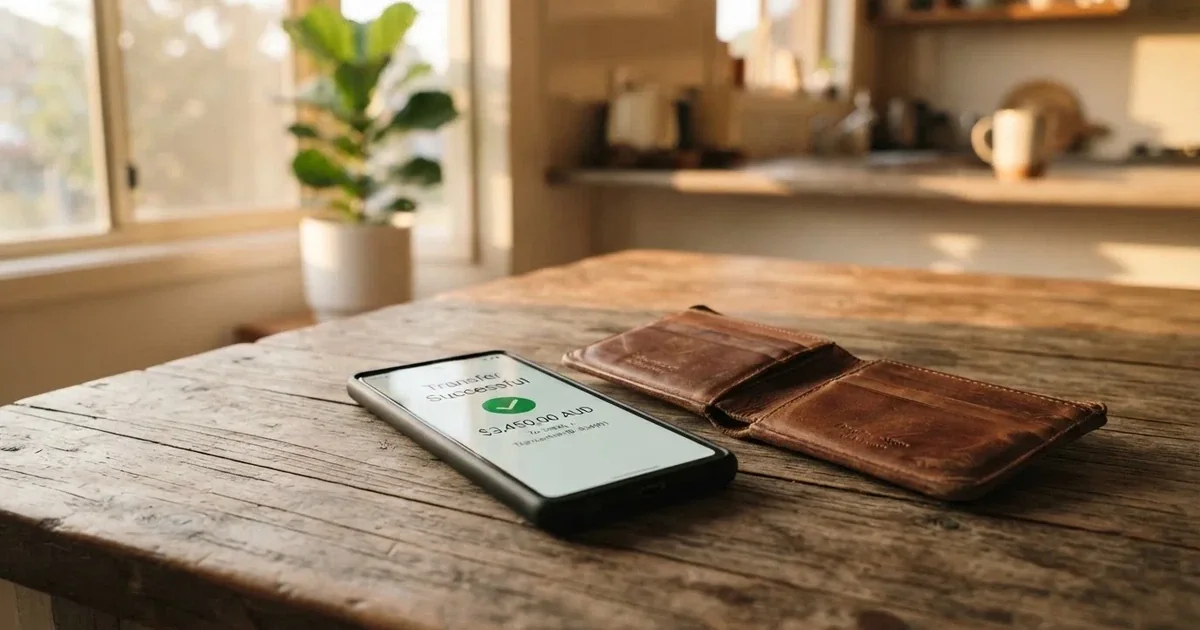 A phone screen showing a bank transfer confirmation, held next to a wallet on a table.