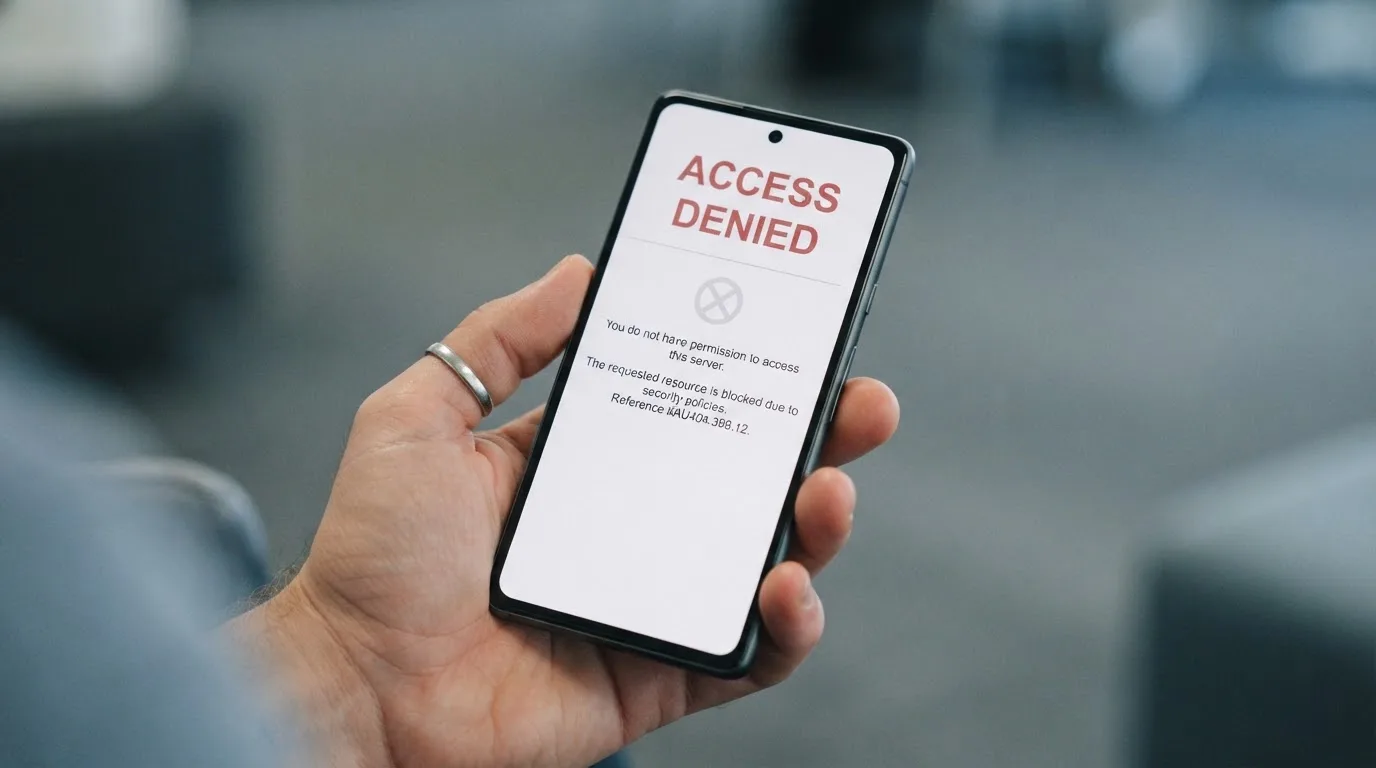A smartphone screen showing a plain government warning notice about a blocked website, held against a blurred background.