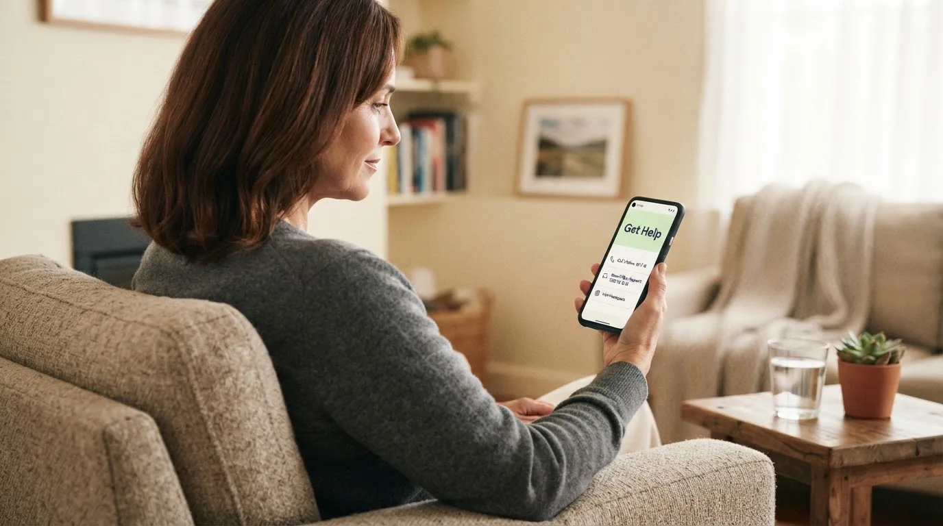 A person sitting calmly with a phone open to a support helpline page, no gaming screen visible.