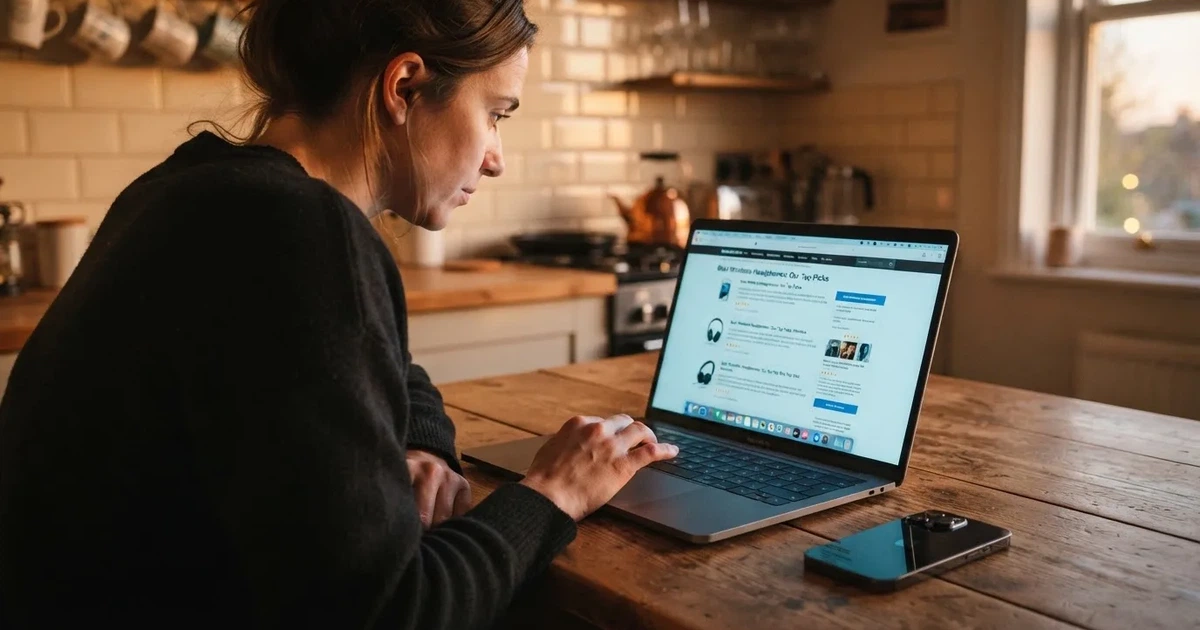 A person at a kitchen table scrolling through review pages on a laptop, phone face-down beside them.
