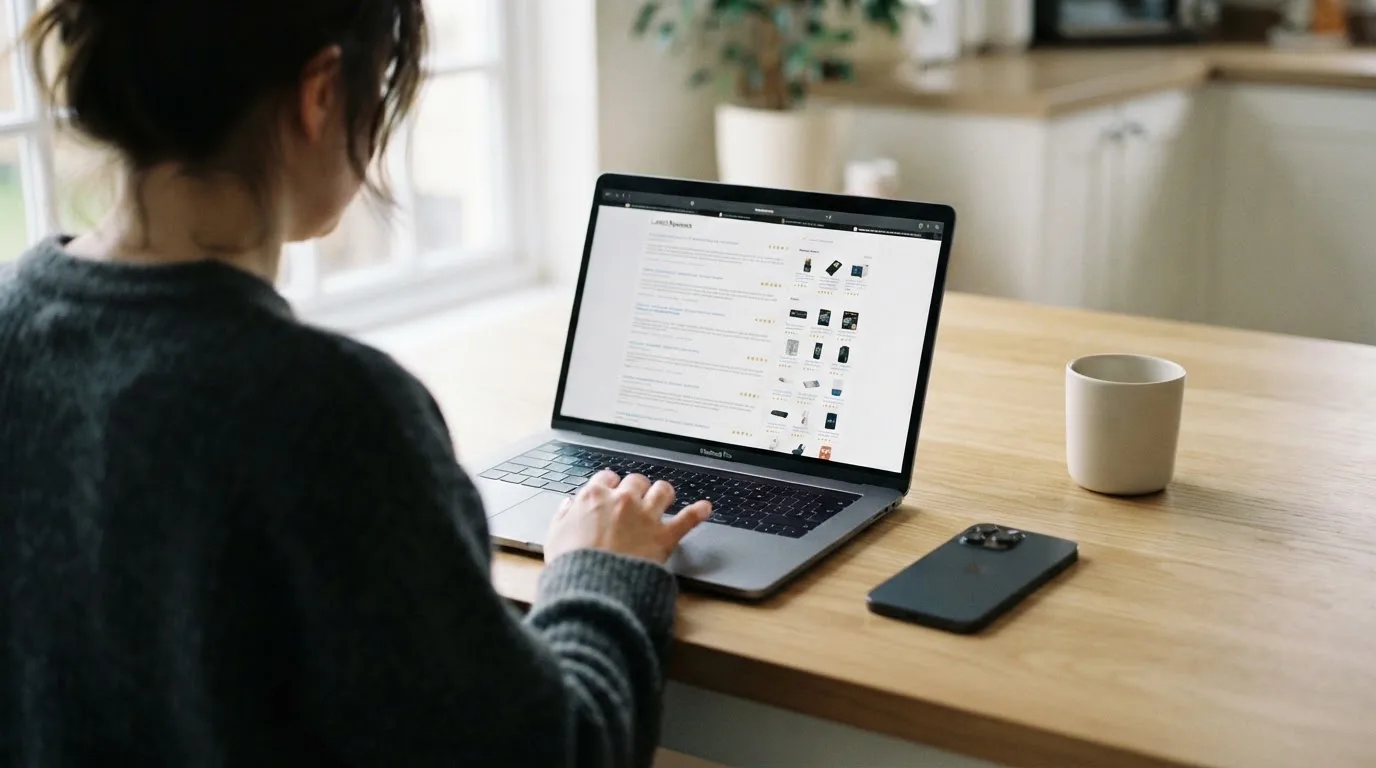 A person at a kitchen table scrolling through review pages on a laptop, phone face-down beside them.