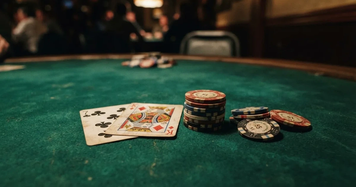 A close-up of a green felt gaming table with cards and chips mid-hand.