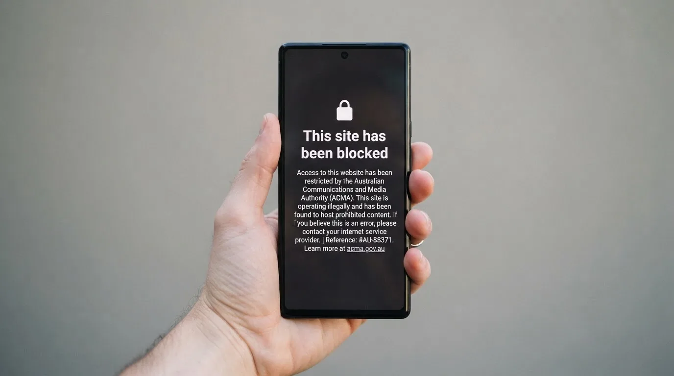 A smartphone screen showing a plain government warning notice about a blocked website, held against a blurred background.