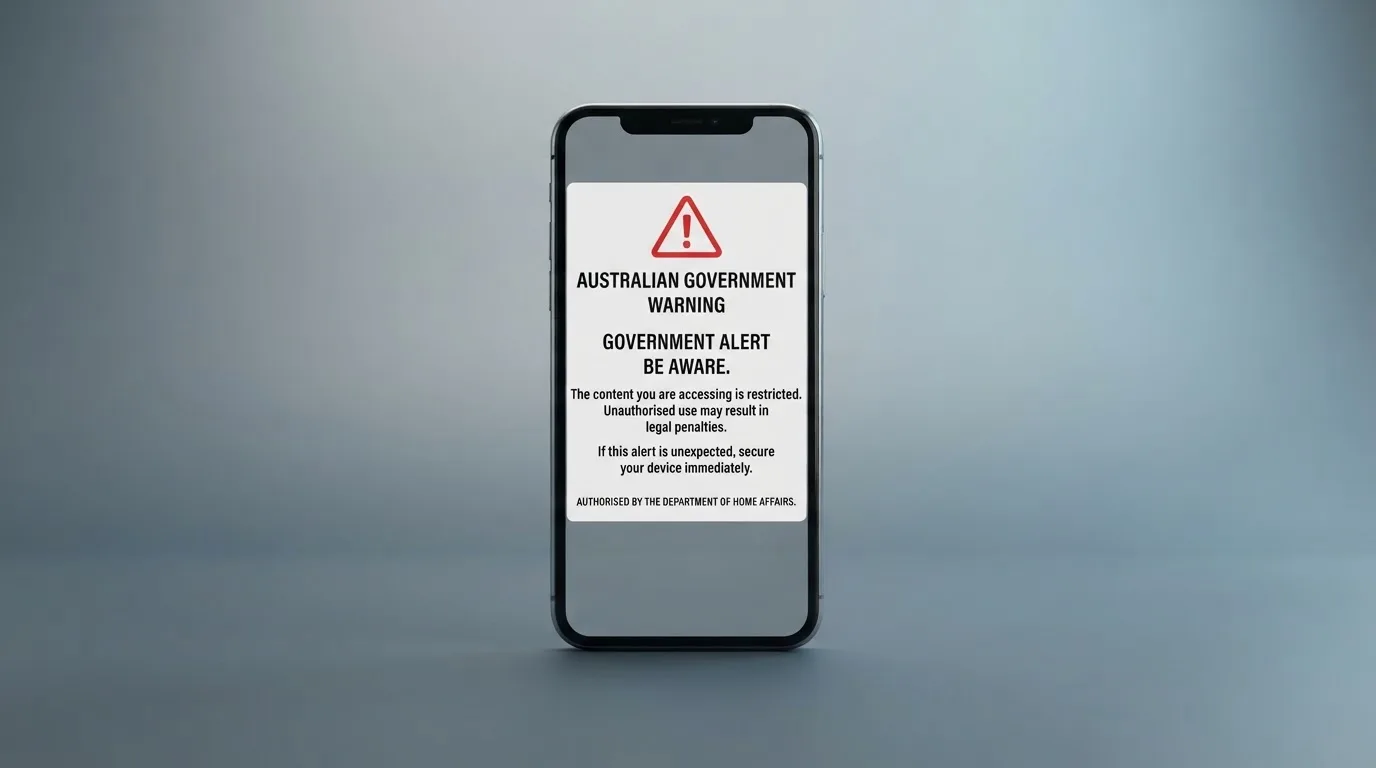 A smartphone screen showing a plain government warning notice about a blocked website, held against a blurred background.
