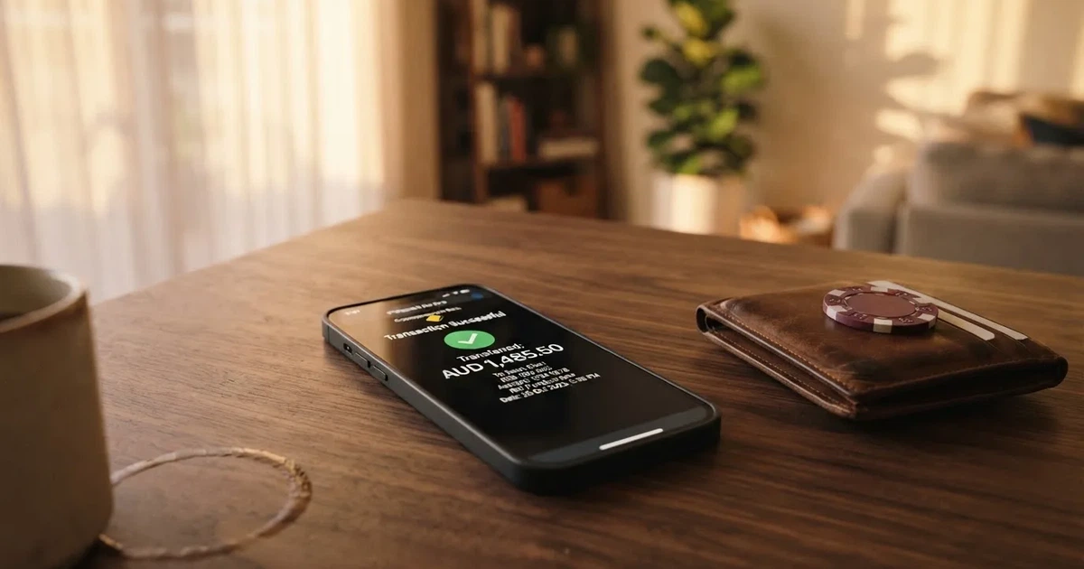 A phone screen showing a bank transfer confirmation, held next to a wallet on a table.