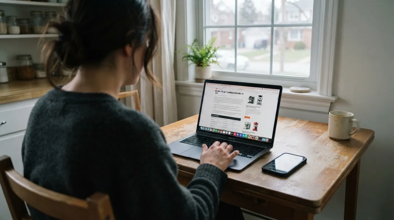 A person at a kitchen table scrolling through review pages on a laptop, phone face-down beside them.