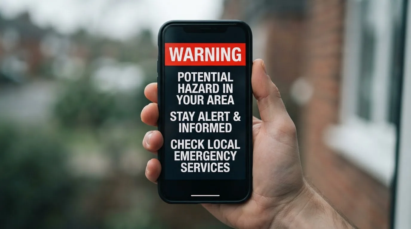 A smartphone screen showing a plain government warning notice about a blocked website, held against a blurred background.
