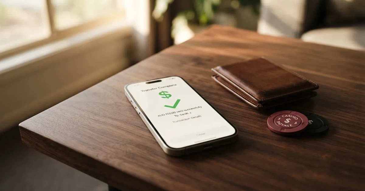 A phone screen showing a bank transfer confirmation, held next to a wallet on a table.
