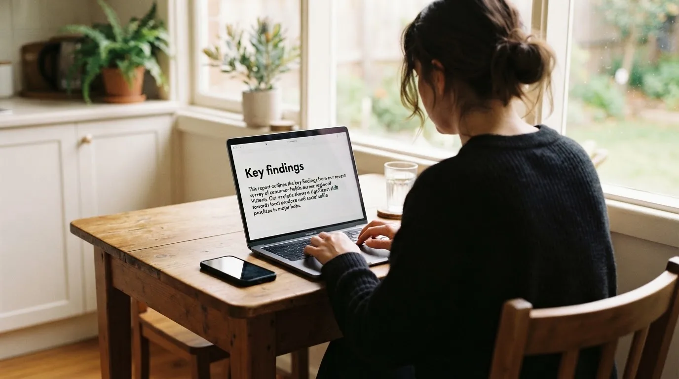 A person at a kitchen table scrolling through review pages on a laptop, phone face-down beside them.