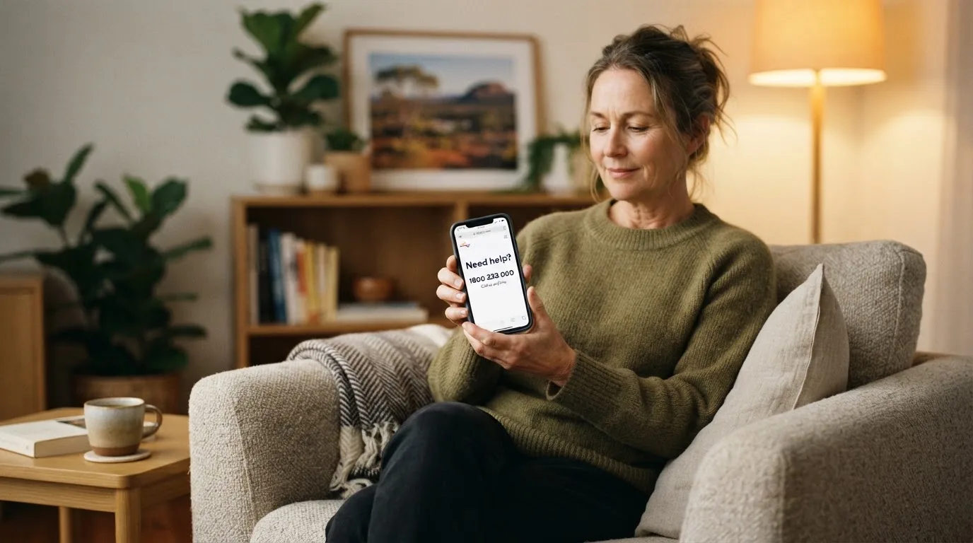 A person sitting calmly with a phone open to a support helpline page, no gaming screen visible.