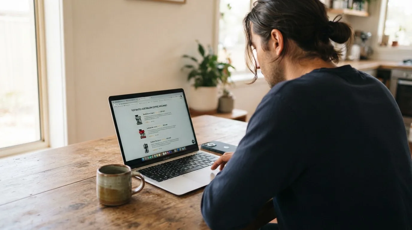 A person at a kitchen table scrolling through review pages on a laptop, phone face-down beside them.