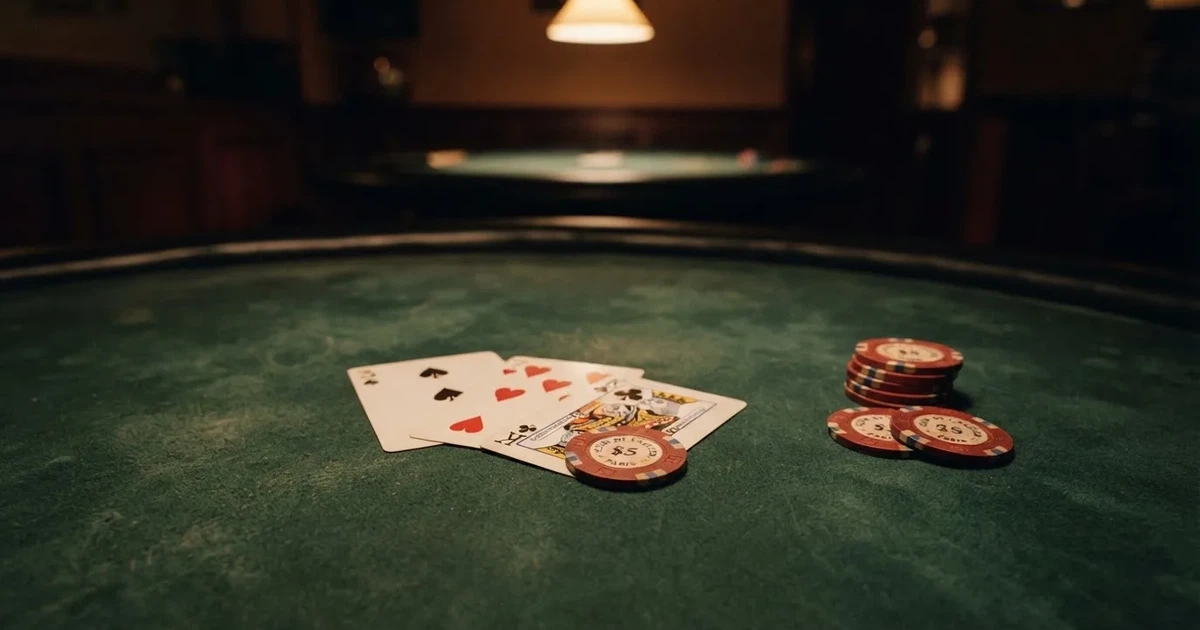 A close-up of a green felt gaming table with cards and chips mid-hand.