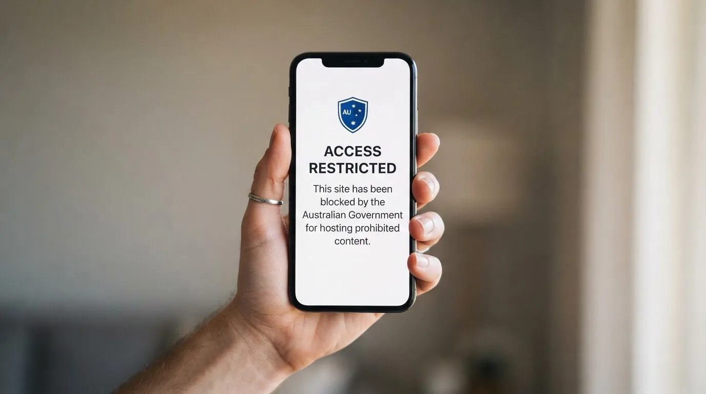 A smartphone screen showing a plain government warning notice about a blocked website, held against a blurred background.