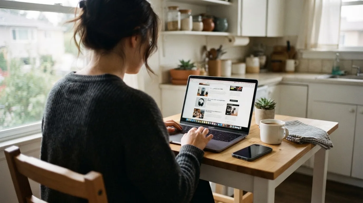 A person at a kitchen table scrolling through review pages on a laptop, phone face-down beside them.