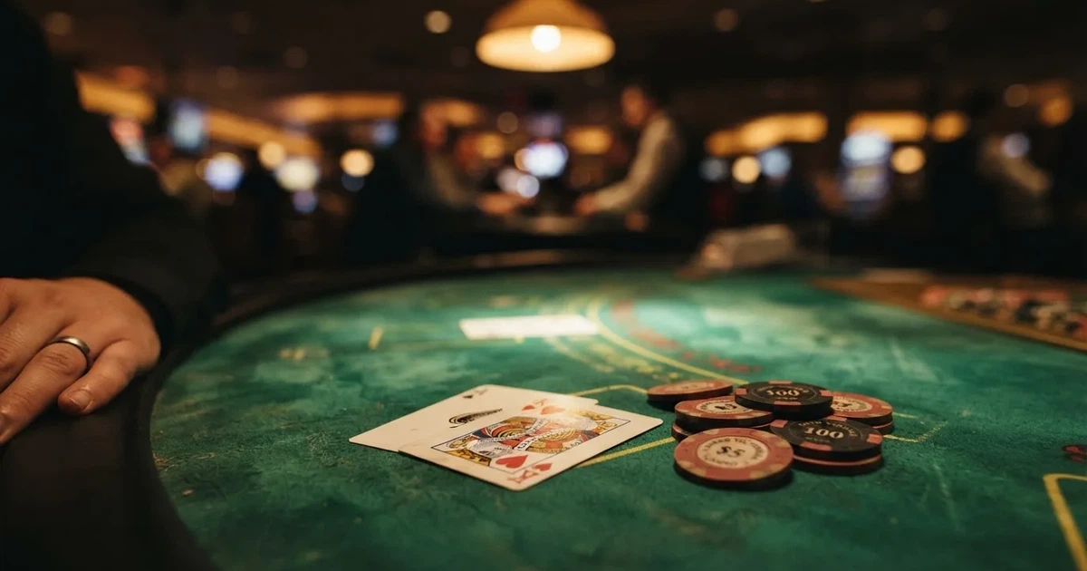 A close-up of a green felt gaming table with cards and chips mid-hand.