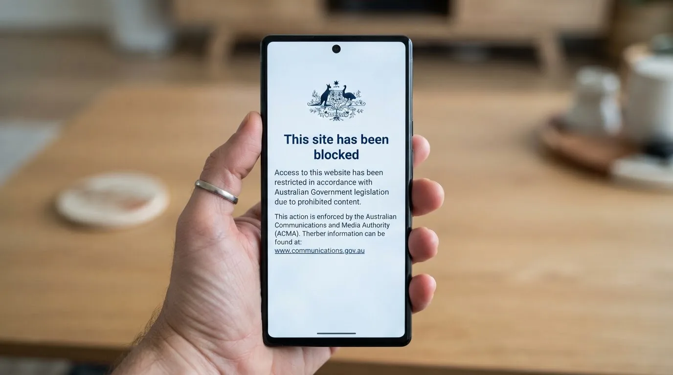 A smartphone screen showing a plain government warning notice about a blocked website, held against a blurred background.