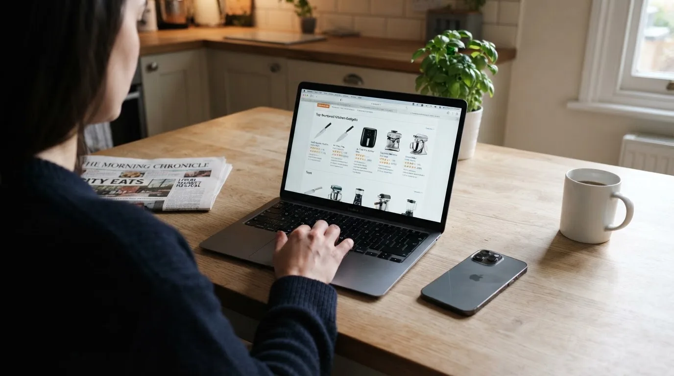 A person at a kitchen table scrolling through review pages on a laptop, phone face-down beside them.