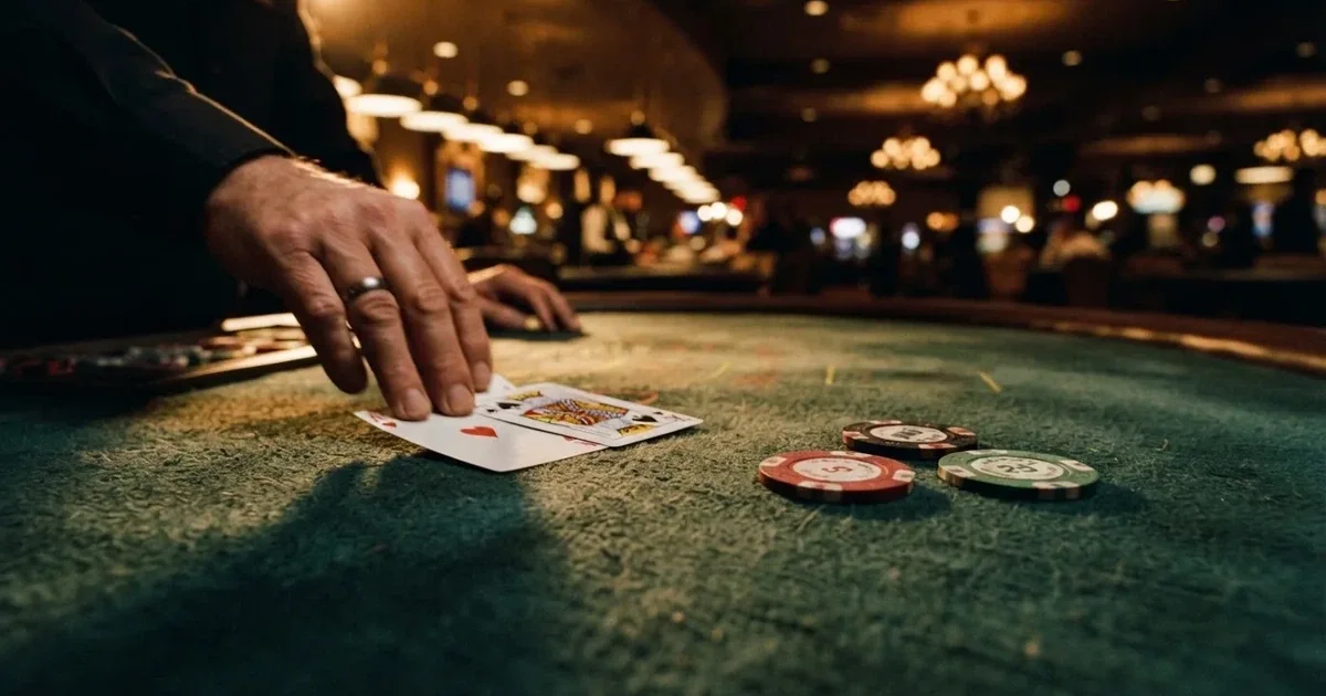 A close-up of a green felt gaming table with cards and chips mid-hand.