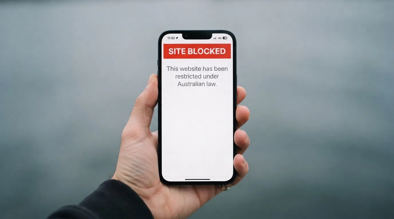 A smartphone screen showing a plain government warning notice about a blocked website, held against a blurred background.