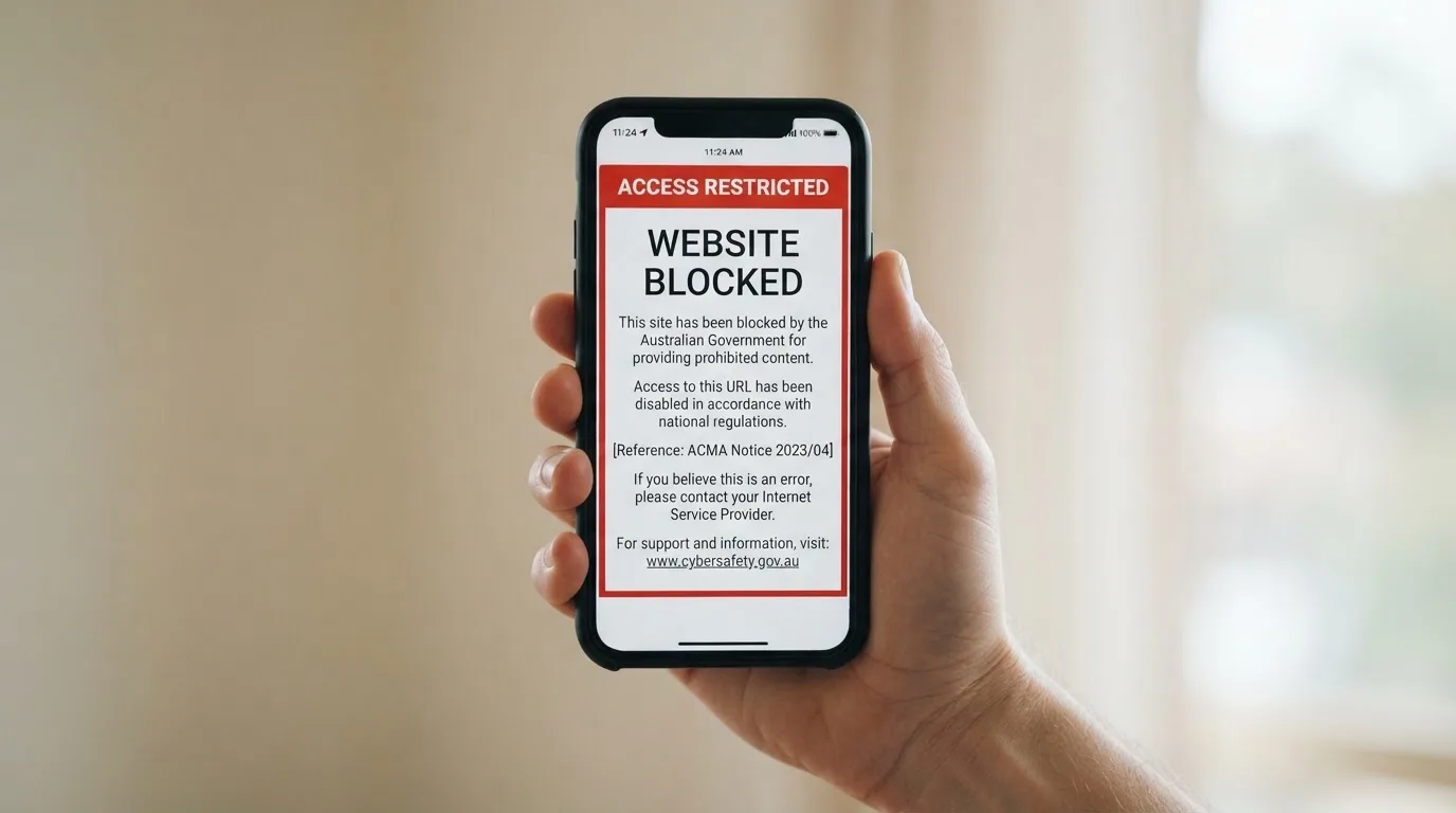 A smartphone screen showing a plain government warning notice about a blocked website, held against a blurred background.