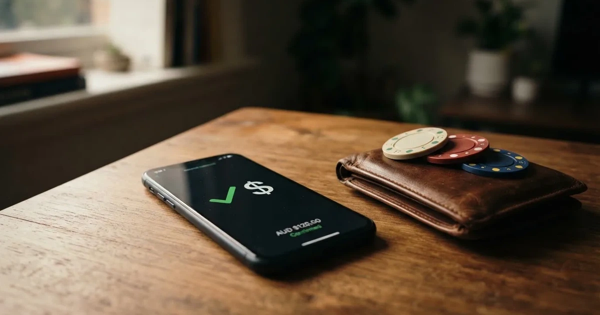 A phone screen showing a bank transfer confirmation, held next to a wallet on a table.