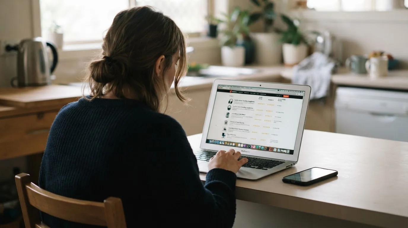 A person at a kitchen table scrolling through review pages on a laptop, phone face-down beside them.