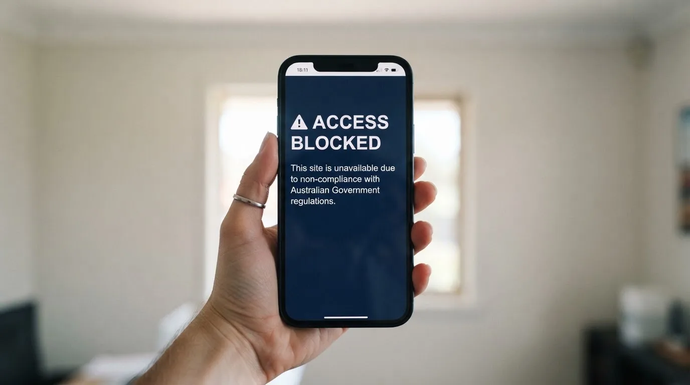 A smartphone screen showing a plain government warning notice about a blocked website, held against a blurred background.