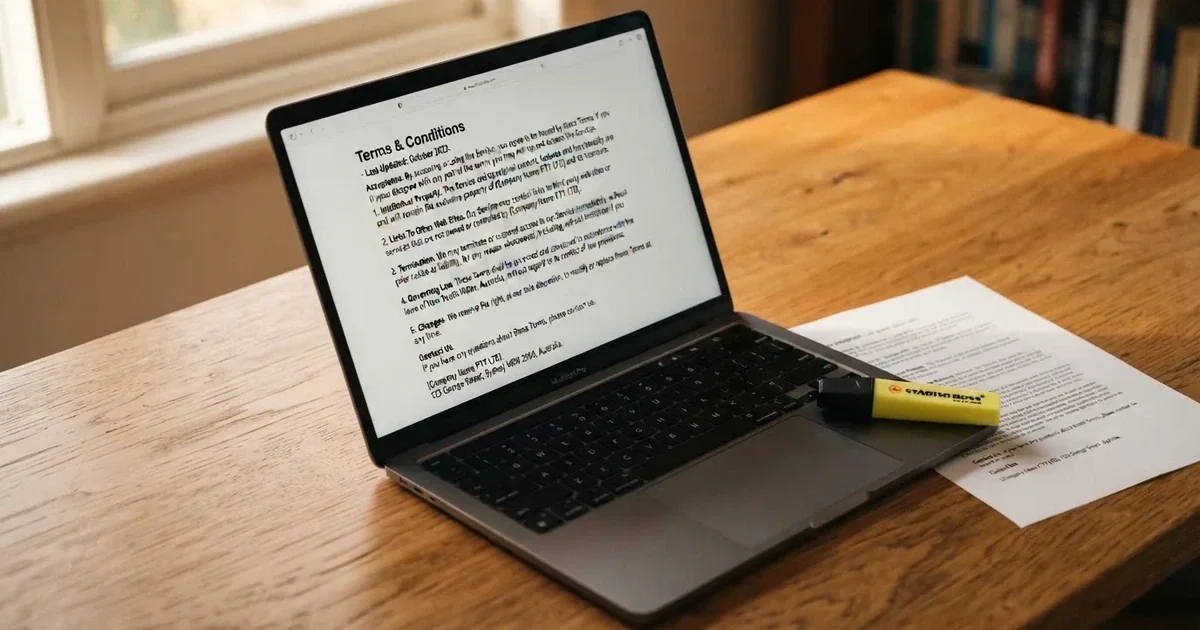 A laptop screen showing a page of terms and conditions text with a highlighter resting nearby.