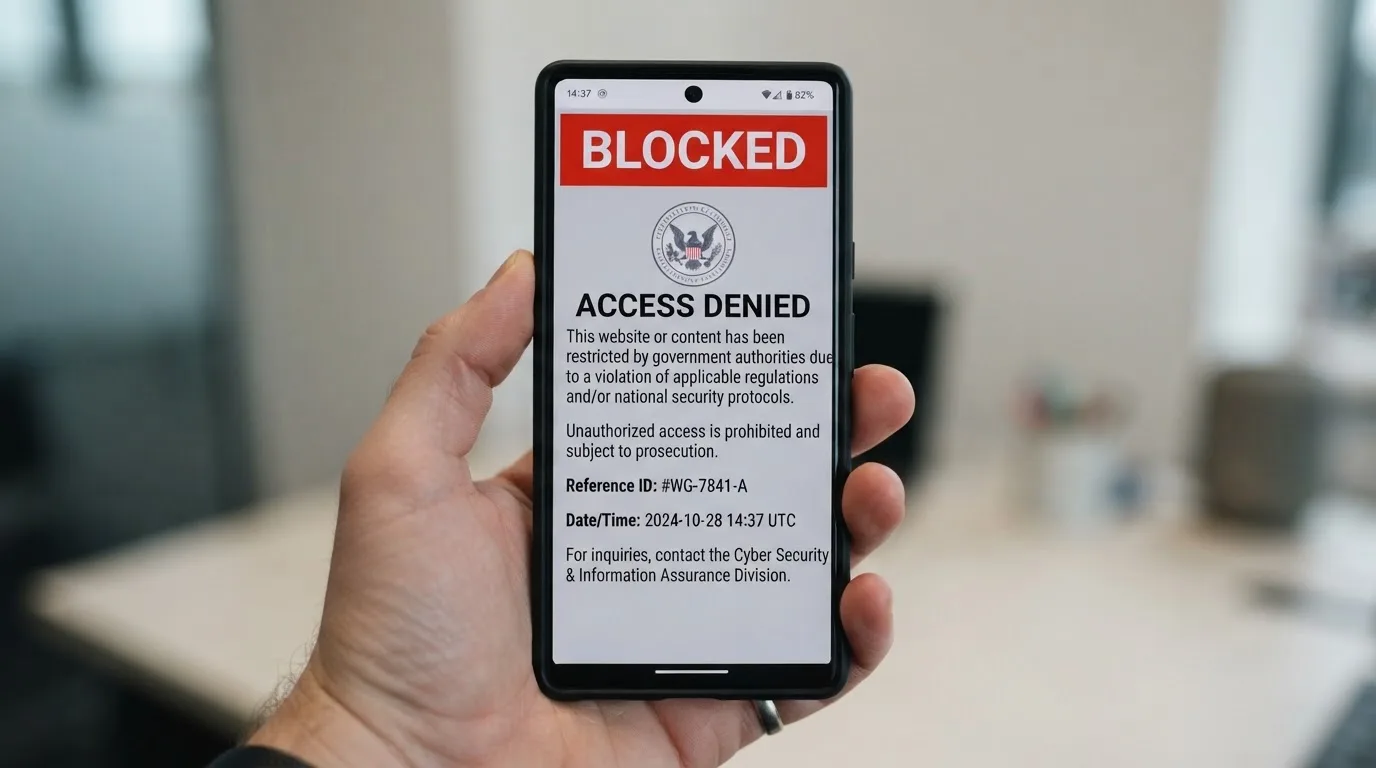 A smartphone screen showing a plain government warning notice about a blocked website, held against a blurred background.