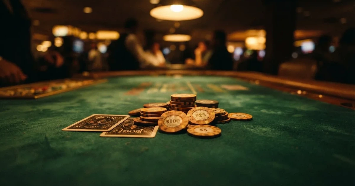 A close-up of a green felt gaming table with cards and chips mid-hand.