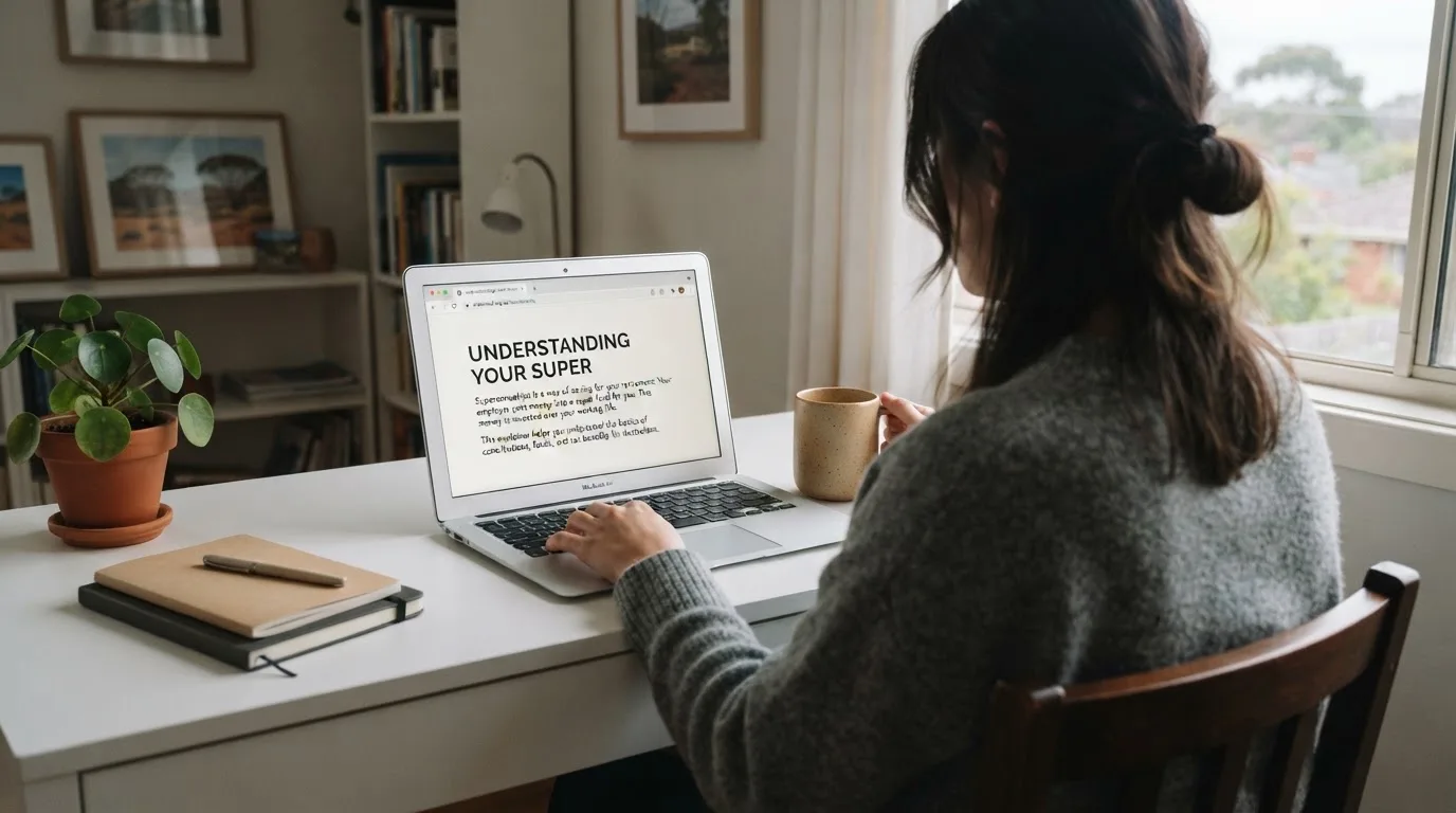 A person at a laptop reading a plain-language explainer article at a home desk.
