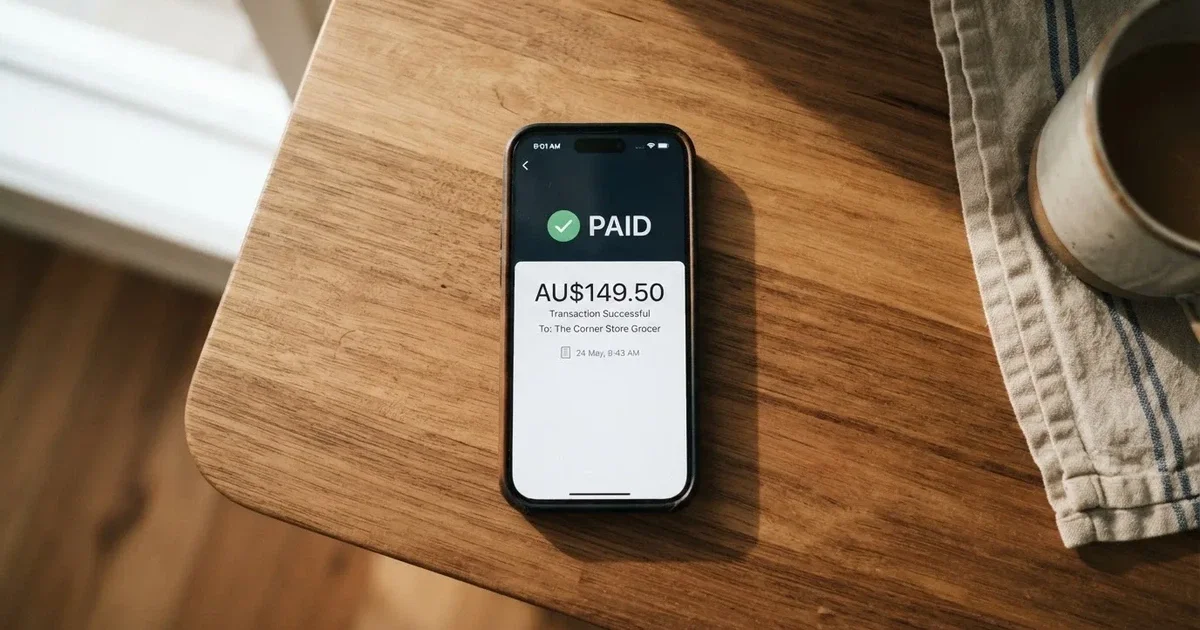 A close-up of a banking app on a smartphone showing a same-day transfer confirmation on a kitchen table.