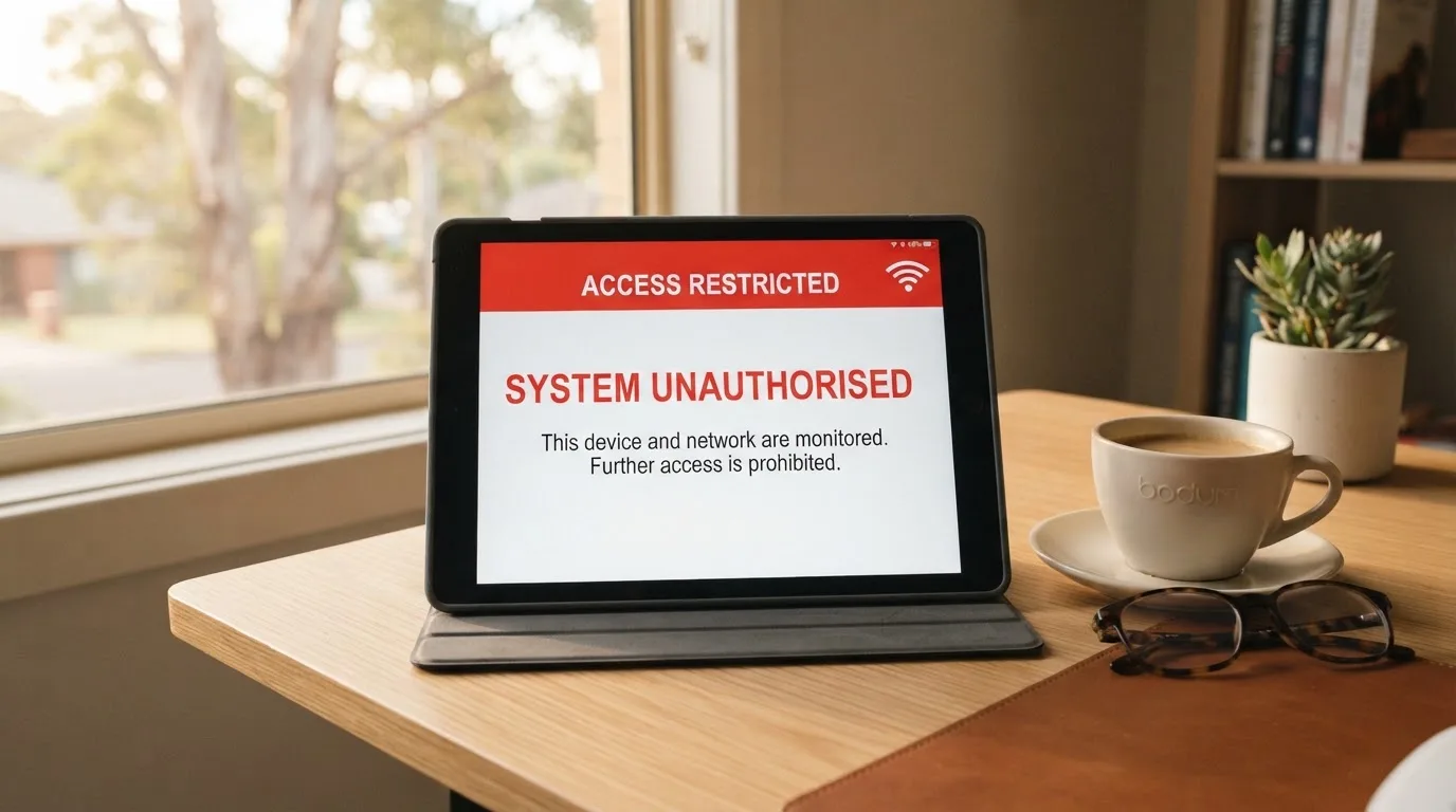 A tablet screen displaying an official regulator warning notice on a desk beside a coffee cup.