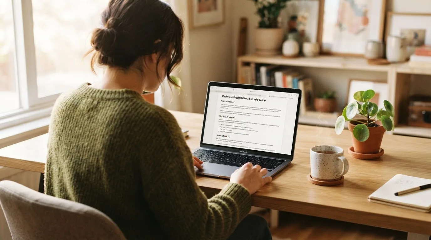 A person at a laptop reading a plain-language explainer article at a home desk.