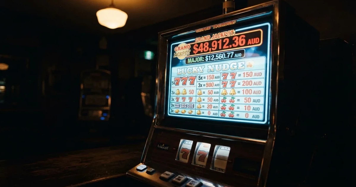 A slot machine's paytable screen glowing on a monitor in a dim room.