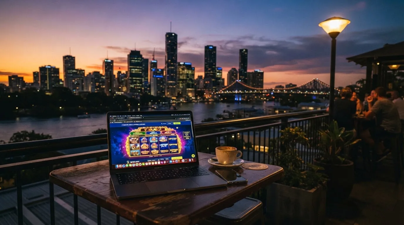 A wide shot of a city skyline at dusk with a laptop open on a nearby table.
