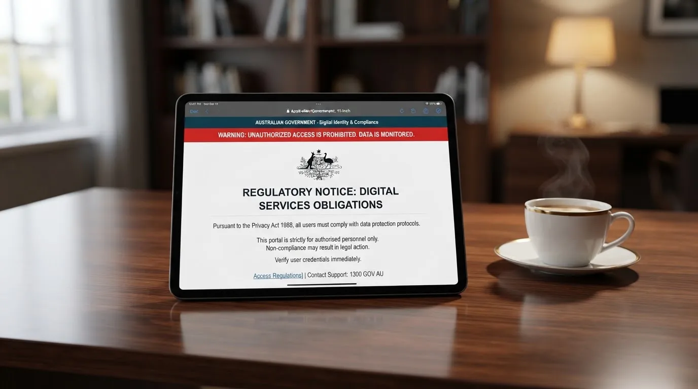 A tablet screen displaying an official regulator warning notice on a desk beside a coffee cup.
