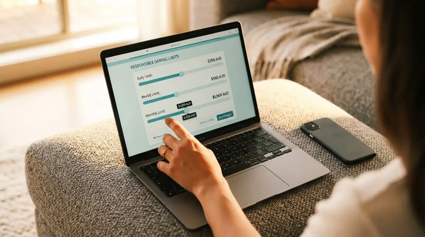 A hand adjusting account settings on a laptop screen showing spending-limit sliders.