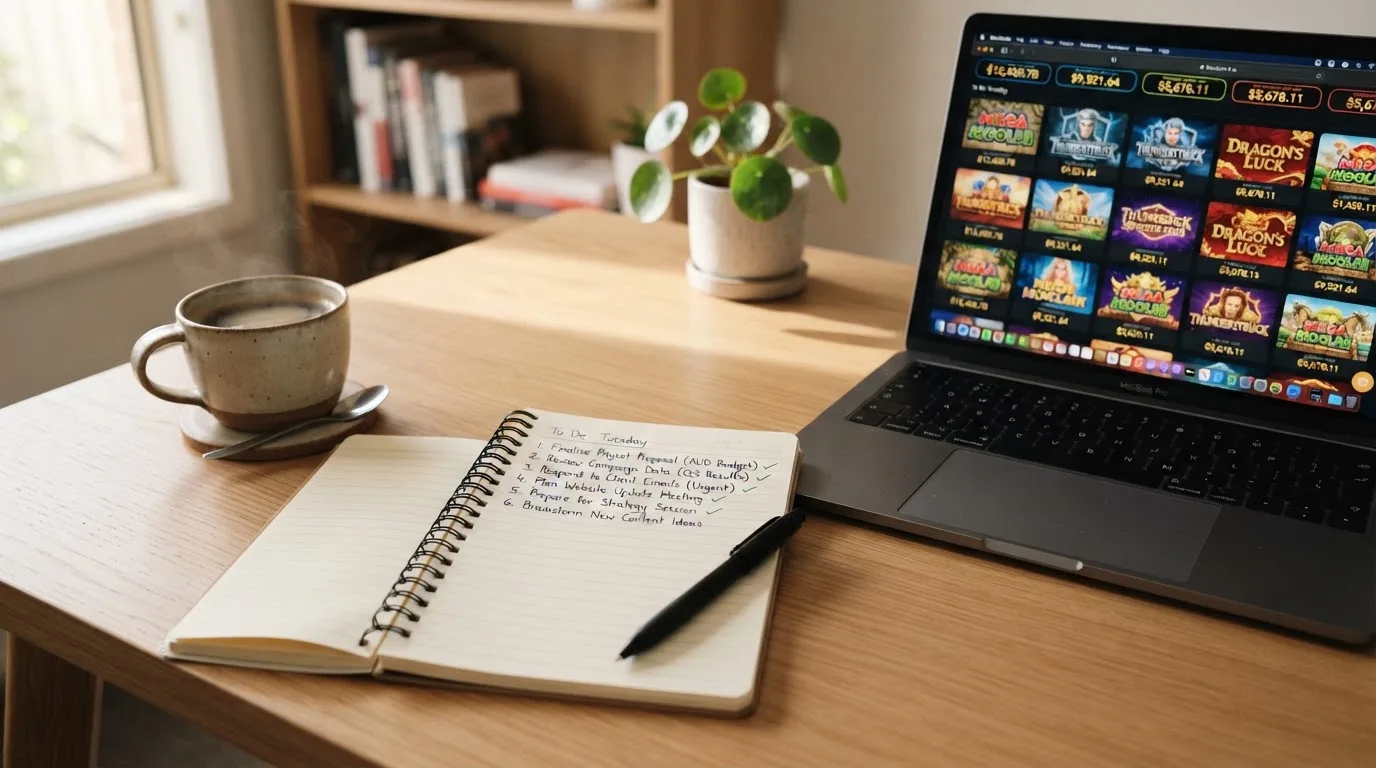 A notepad with a handwritten shortlist beside a laptop showing a comparison table.