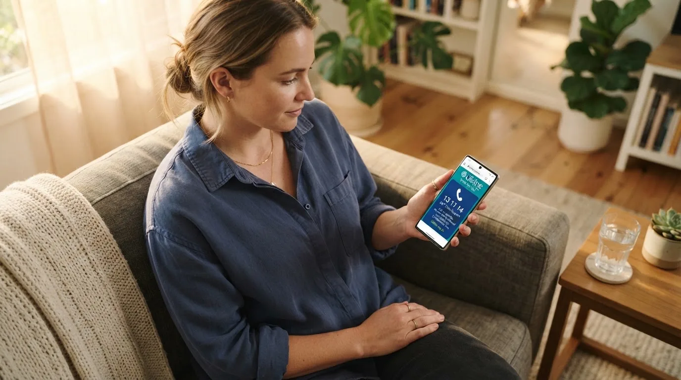 A person looking at a support helpline page on a phone while sitting on a couch.
