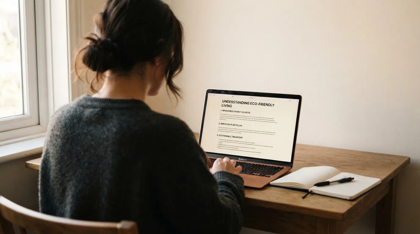 A person at a laptop reading a plain-language explainer article at a home desk.
