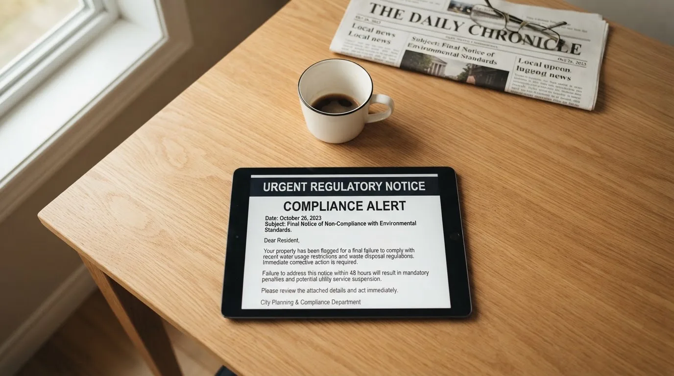 A tablet screen displaying an official regulator warning notice on a desk beside a coffee cup.
