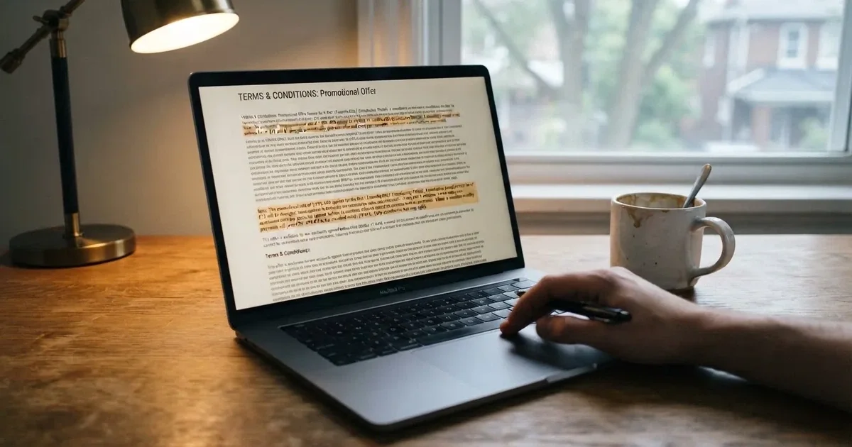 A laptop screen showing a terms-and-conditions page with wagering requirements highlighted.