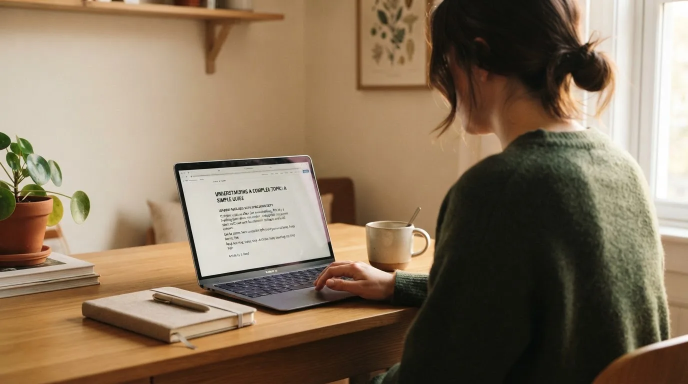 A person at a laptop reading a plain-language explainer article at a home desk.