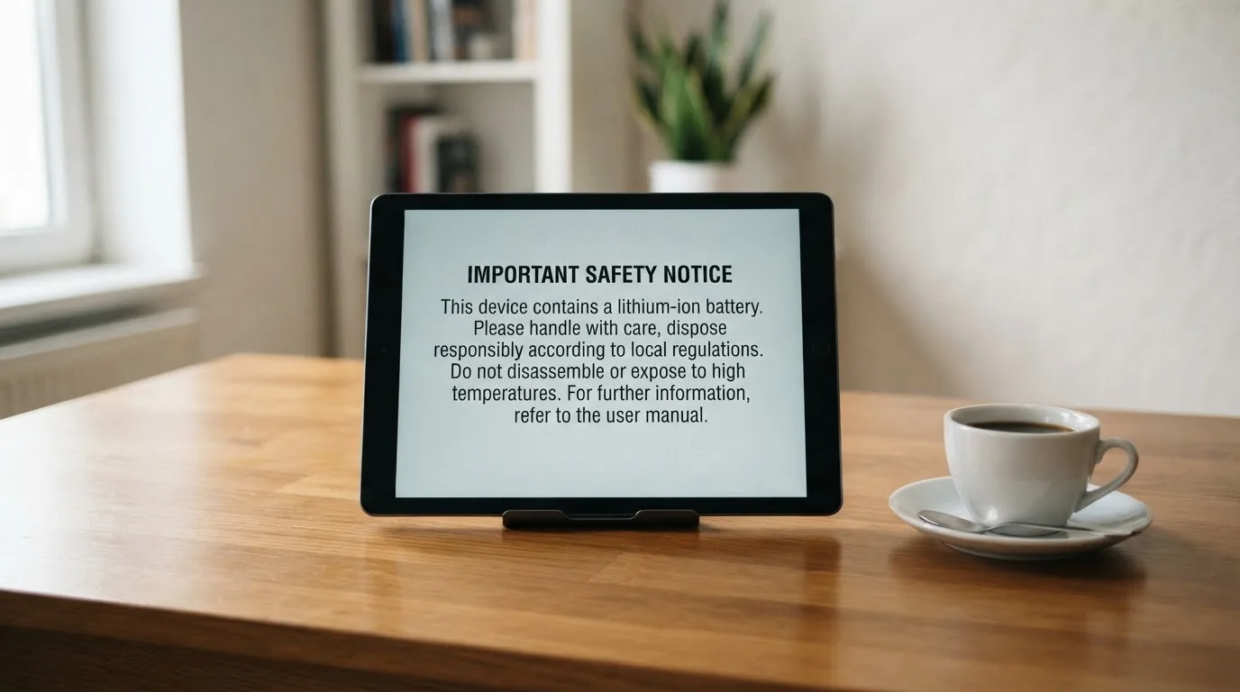 A tablet screen displaying an official regulator warning notice on a desk beside a coffee cup.