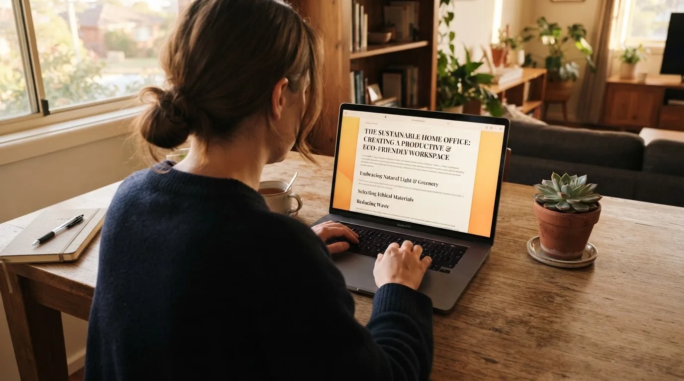 A person at a laptop reading a plain-language explainer article at a home desk.