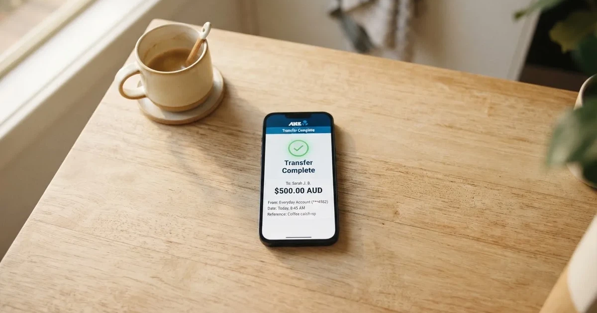 A close-up of a banking app on a smartphone showing a same-day transfer confirmation on a kitchen table.